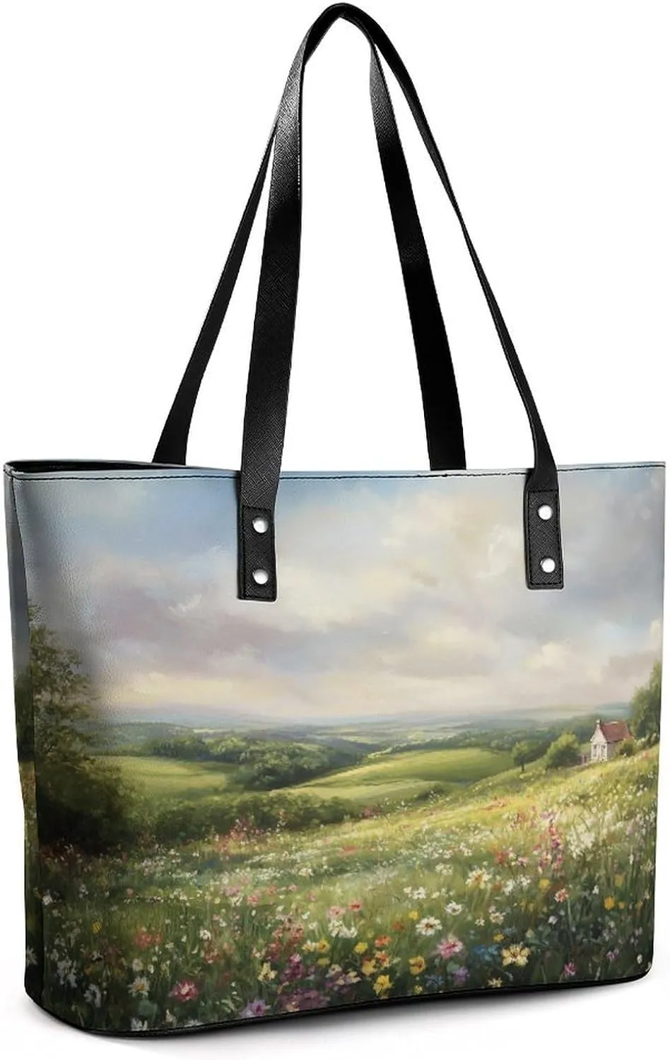 Spring Meadow Dirt Path Flowers Landscape Women Soft Leather Handbags Tote Purses Shoulder Bucket Bags
