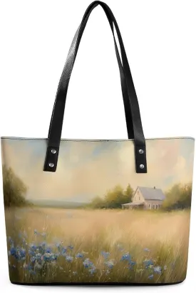 Spring Meadow Dirt Path Flowers Landscape Women Soft Leather Handbags Tote Purses Shoulder Bucket Bags