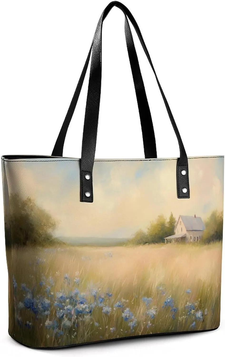 Spring Meadow Dirt Path Flowers Landscape Women Soft Leather Handbags Tote Purses Shoulder Bucket Bags