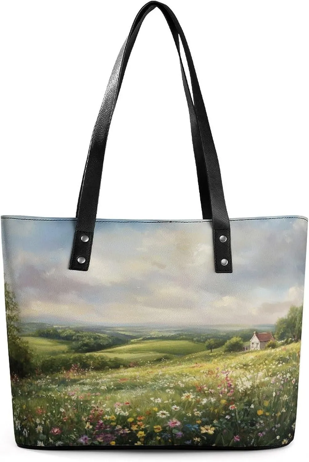 Spring Meadow Dirt Path Flowers Landscape Women Soft Leather Handbags Tote Purses Shoulder Bucket Bags
