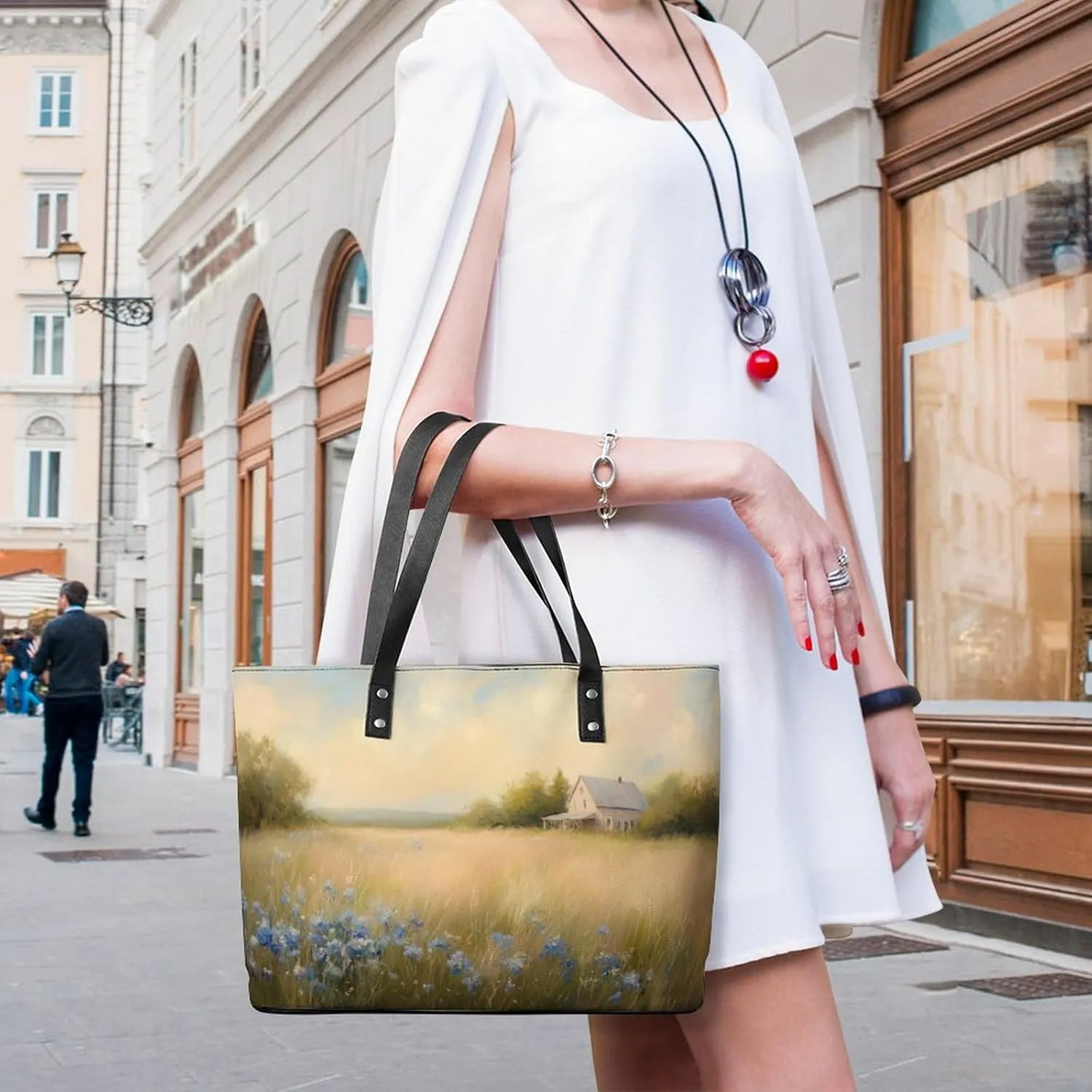 Spring Meadow Dirt Path Flowers Landscape Women Soft Leather Handbags Tote Purses Shoulder Bucket Bags