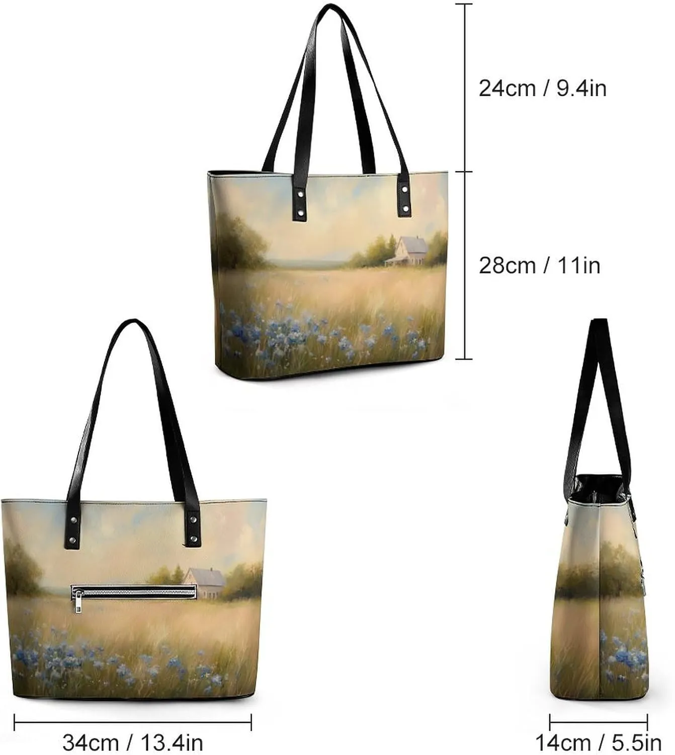 Spring Meadow Dirt Path Flowers Landscape Women Soft Leather Handbags Tote Purses Shoulder Bucket Bags