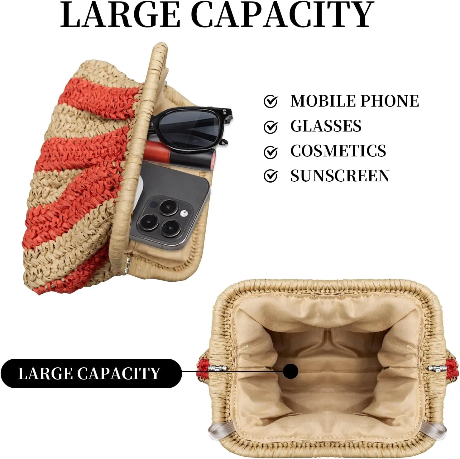 Straw Clutch Purses - Woven Crossbody Bags for Women - Beach Handbags with Cloud Dumpling Pouch