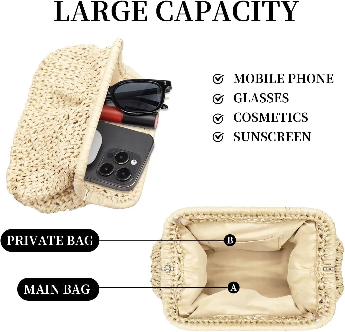 Straw Clutch Purses - Woven Crossbody Bags for Women - Beach Handbags with Cloud Dumpling Pouch