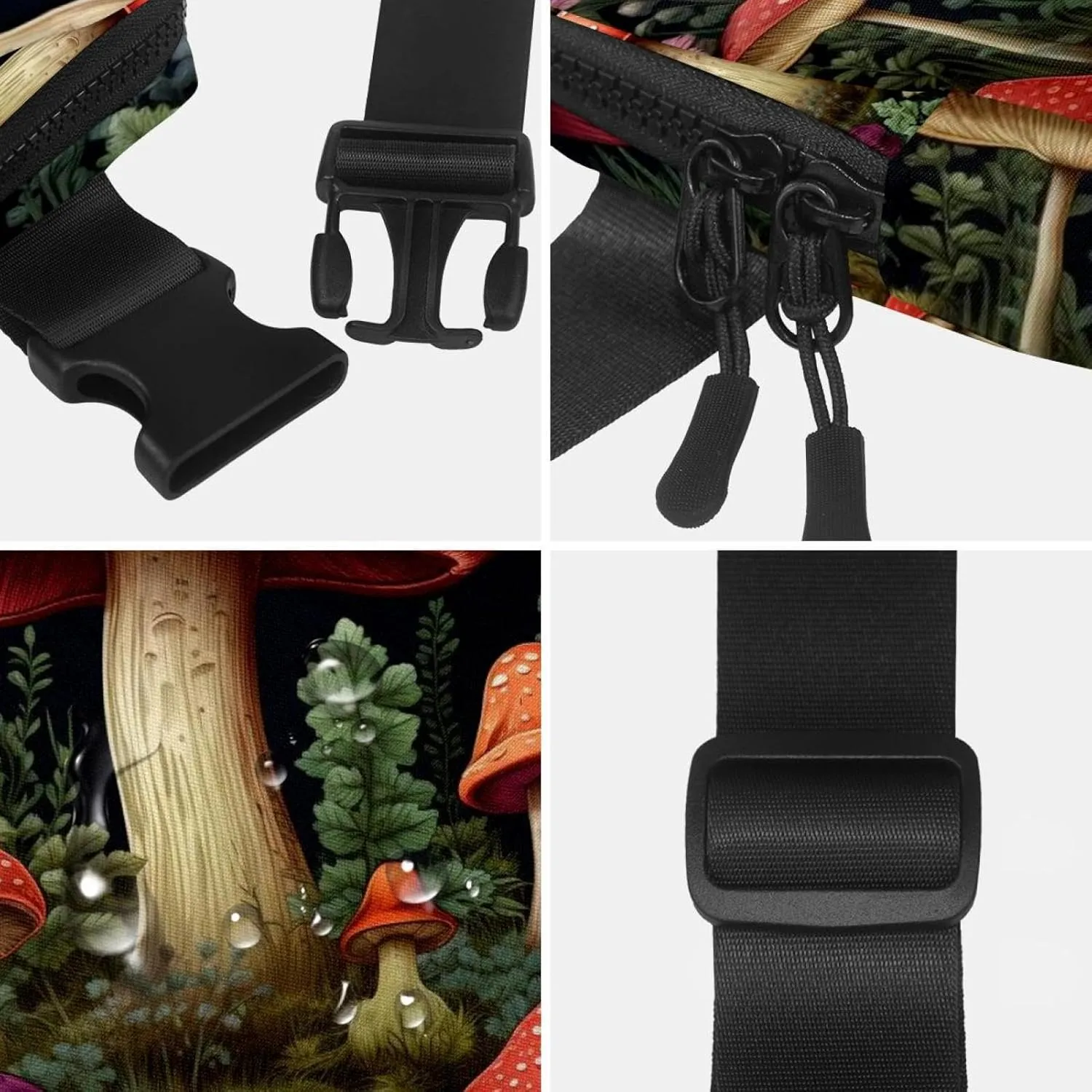 Waterproof Fanny Pack Black Belt Bag with Adjustable Strap for Women and Men,Bright Mushrooms Crossbody Fanny Bag with Zipper for Hiking Running Travel
