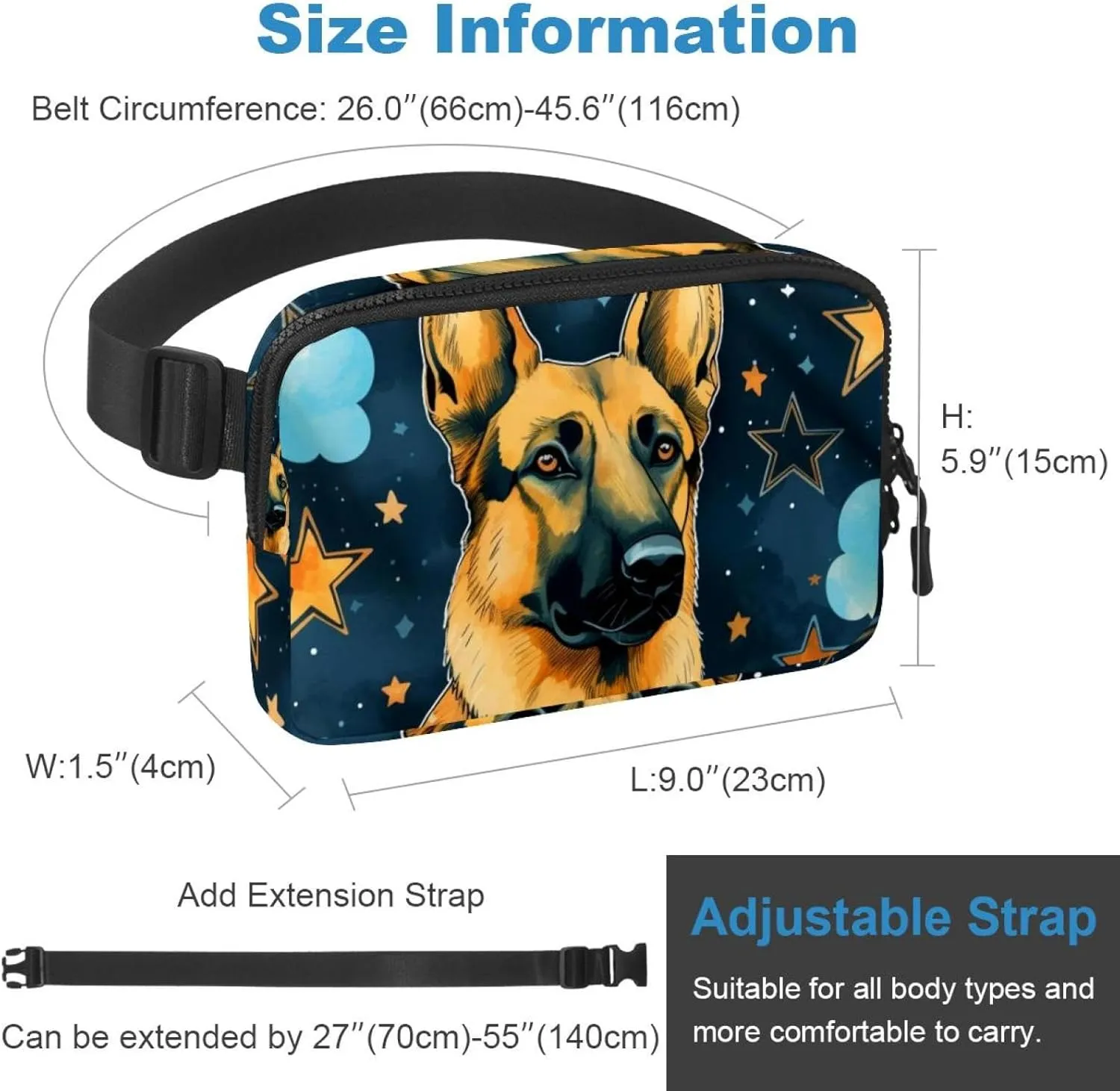 Waterproof Fanny Pack Black Belt Bag with Adjustable Strap for Women and Men,Comic Star Sheepdog Crossbody Fanny Bag with Zipper for Hiking Running Travel