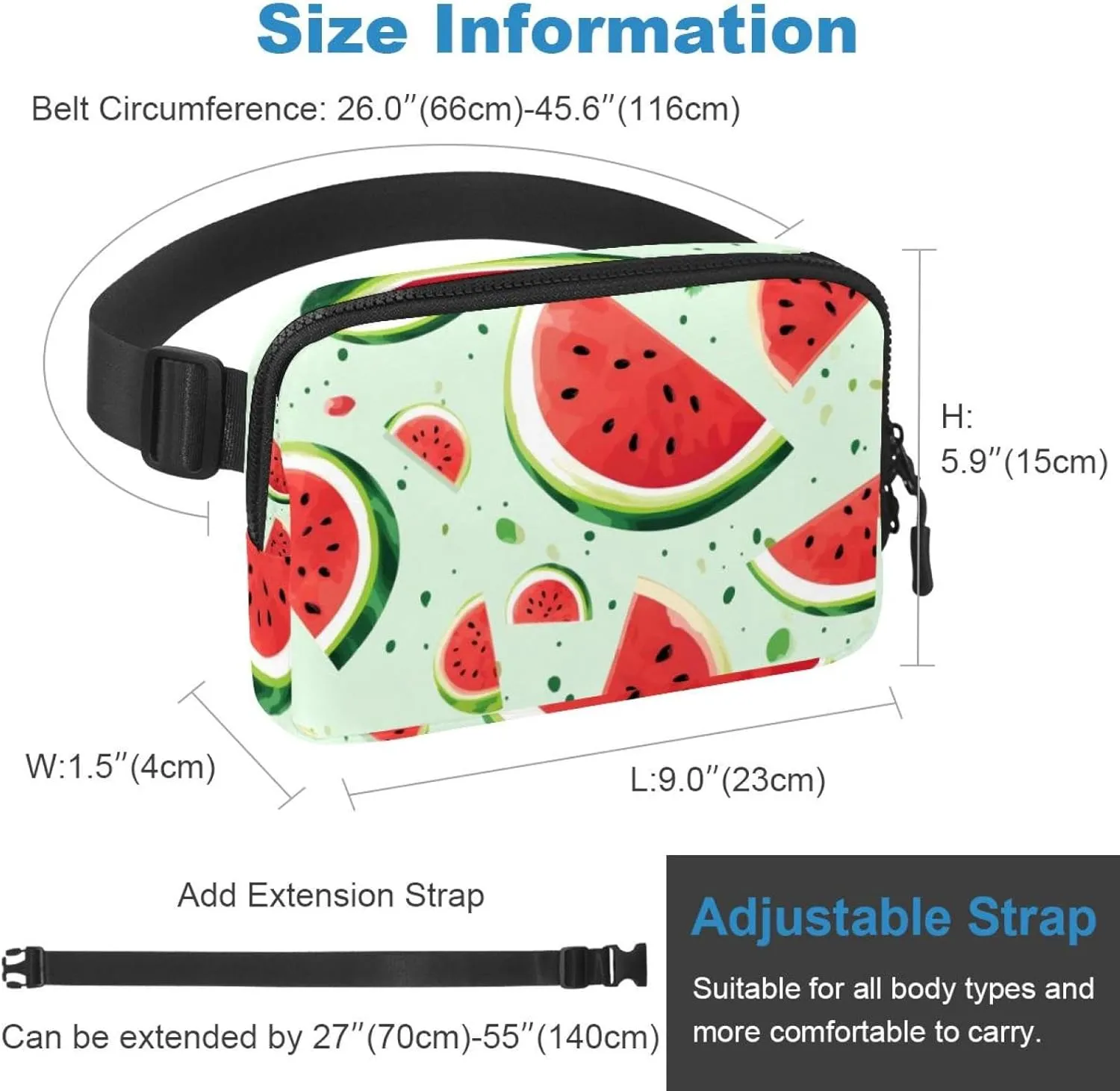 Waterproof Fanny Pack Black Belt Bag with Adjustable Strap for Women and Men,Fresh Watermelon Crossbody Fanny Bag with Zipper for Hiking Running Travel