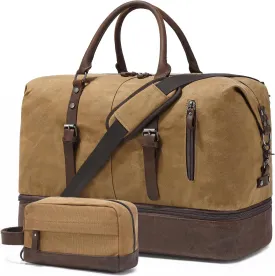 Weekender Bag Large Overnight Bag for Men Women Tote with Shoe Compartment Canvas Carry on Luggage Bag Travel Duffel Bag Brown