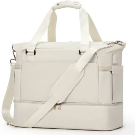 Weekender Bags for Women, Travel Duffel with Shoe Compartment USB Charging, Carry On Gym Duffle Bag with Wet Pocket, Personal Item Overnight Tote Bag for Airlines with Toiletry Bag, Beige