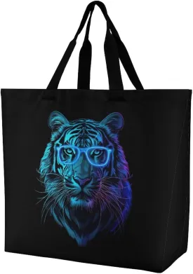 White Tiger with Neon Glasses Large Tote Bag for Women Shoulder HandBag Shopping Purse for Travel Work Gym