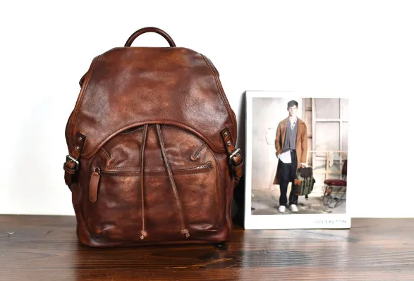 YAAGLE Men's Vegetable Tanned Leather Drawstring Flap Backpack YG9003