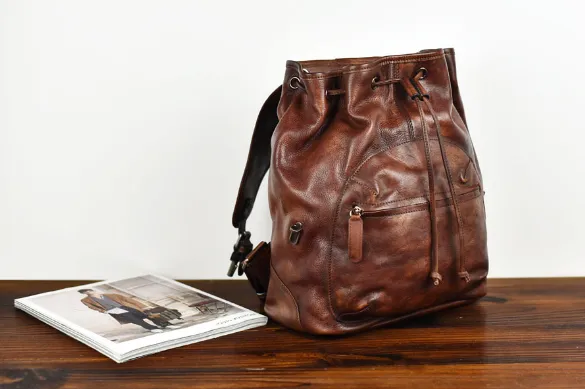 YAAGLE Men's Vegetable Tanned Leather Drawstring Flap Backpack YG9003