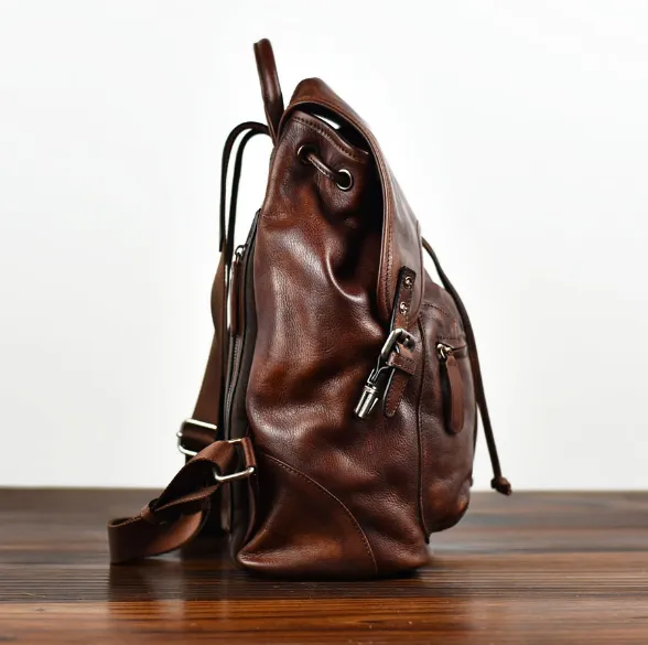 YAAGLE Men's Vegetable Tanned Leather Drawstring Flap Backpack YG9003