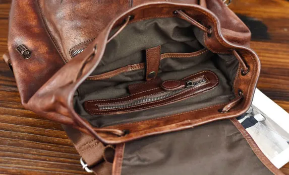 YAAGLE Men's Vegetable Tanned Leather Drawstring Flap Backpack YG9003