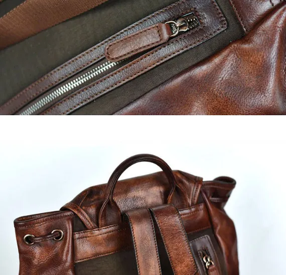 YAAGLE Men's Vegetable Tanned Leather Drawstring Flap Backpack YG9003