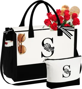 YOOLIFE Gifts for Women - Initial Canvas Tote Bag & Makeup Bag Birthday Gifts for Women Wife Mom Friend Teacher Sister